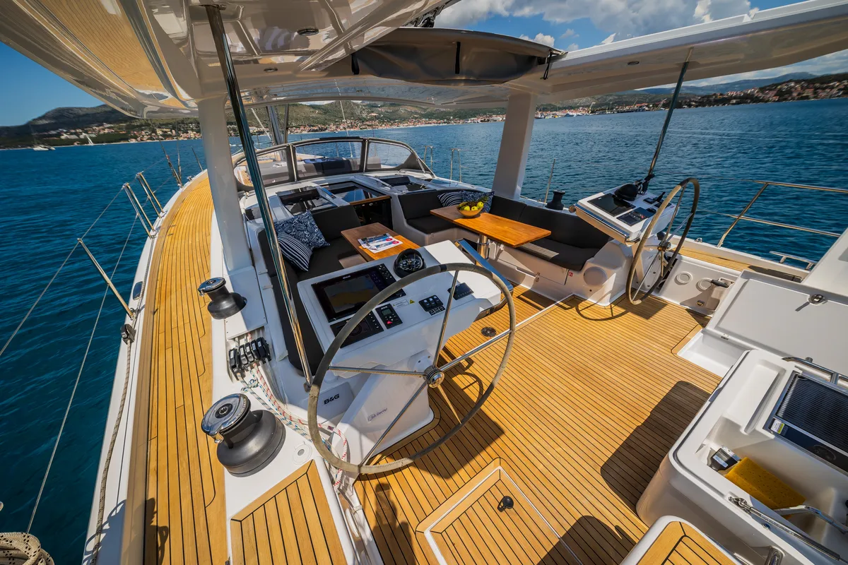 Cockpit of Oceanelle, a Hanse Yachts Hanse 588 sailboat at Seget Donji, Croatia