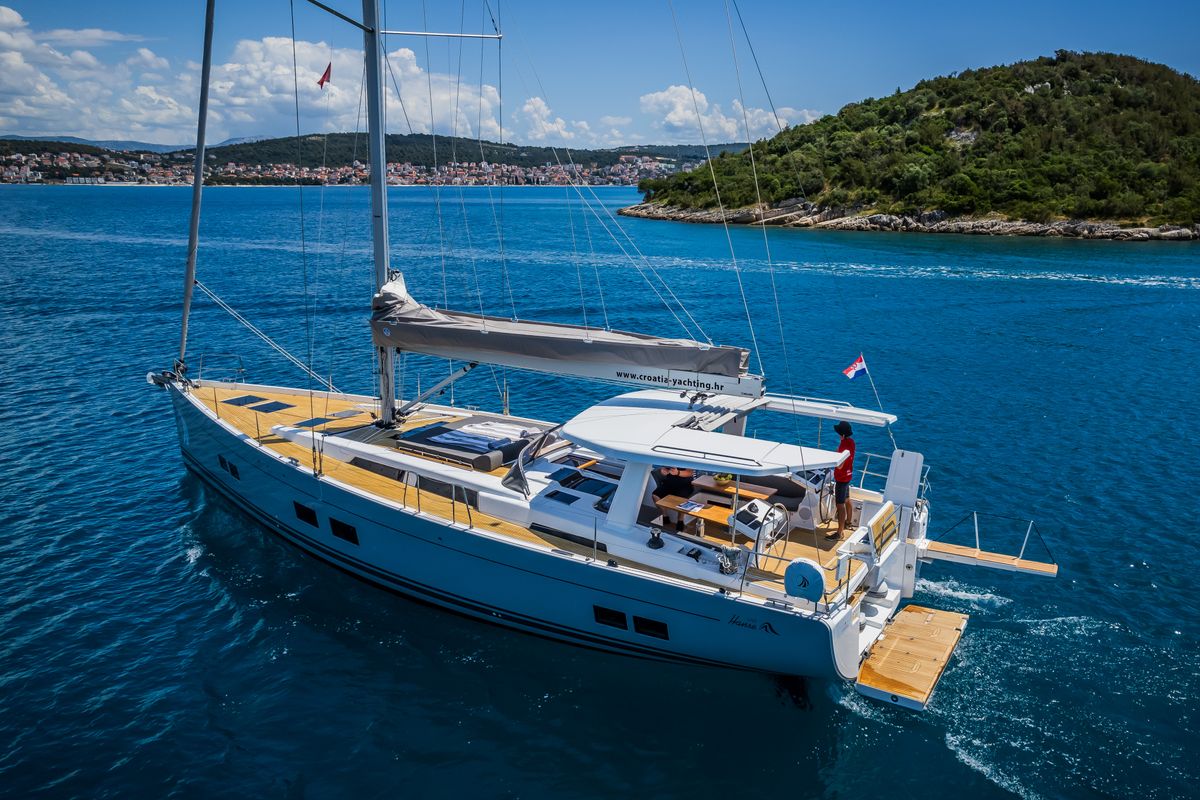Exterior view of Oceanelle, a Hanse Yachts Hanse 588 sailboat at Seget Donji, Croatia