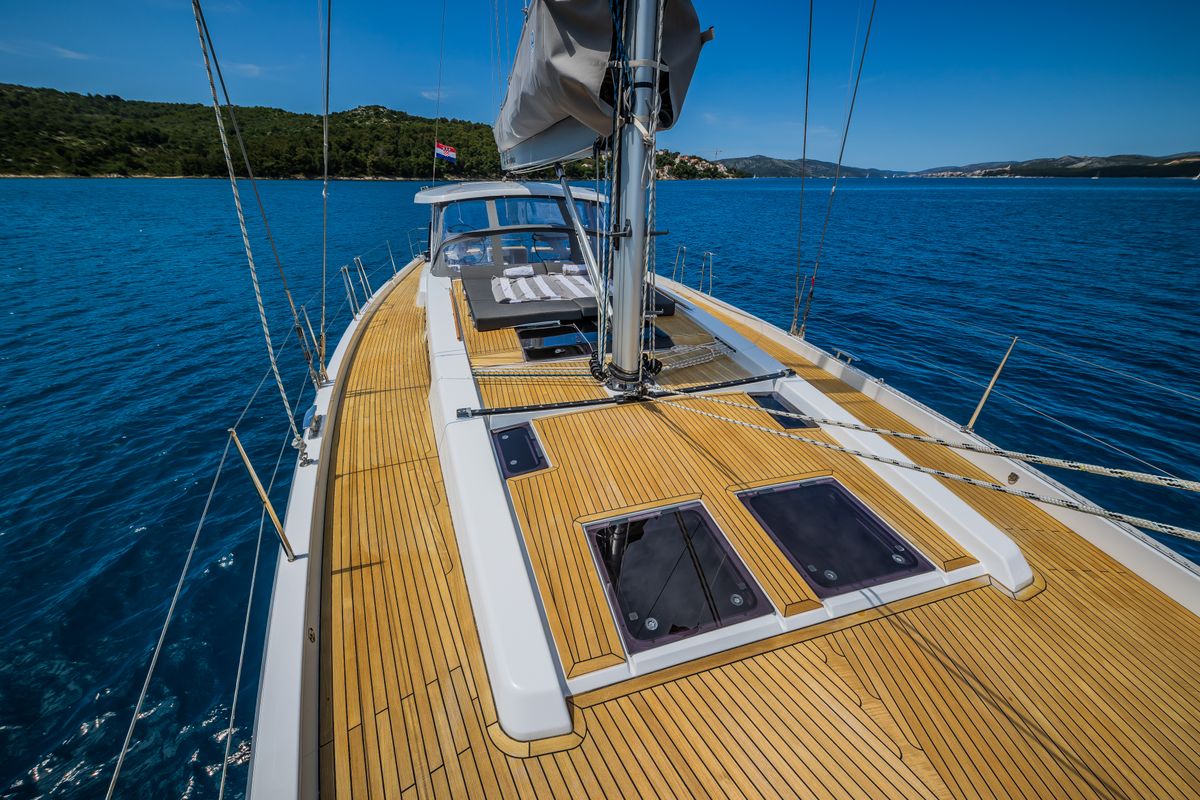 Deck of Oceanelle, a Hanse Yachts Hanse 588 sailboat at Seget Donji, Croatia