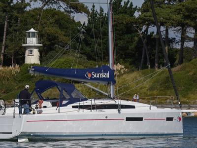 Exterior view of Sunsail 38.0 Classic, a Jeanneau Sun Odyssey 380 sailboat at Municipal Unit of Lefkada, Greece