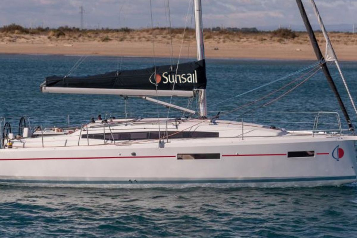 Exterior view of Sunsail 38.0 Classic, a Jeanneau Sun Odyssey 380 sailboat at Municipal Unit of Lefkada, Greece
