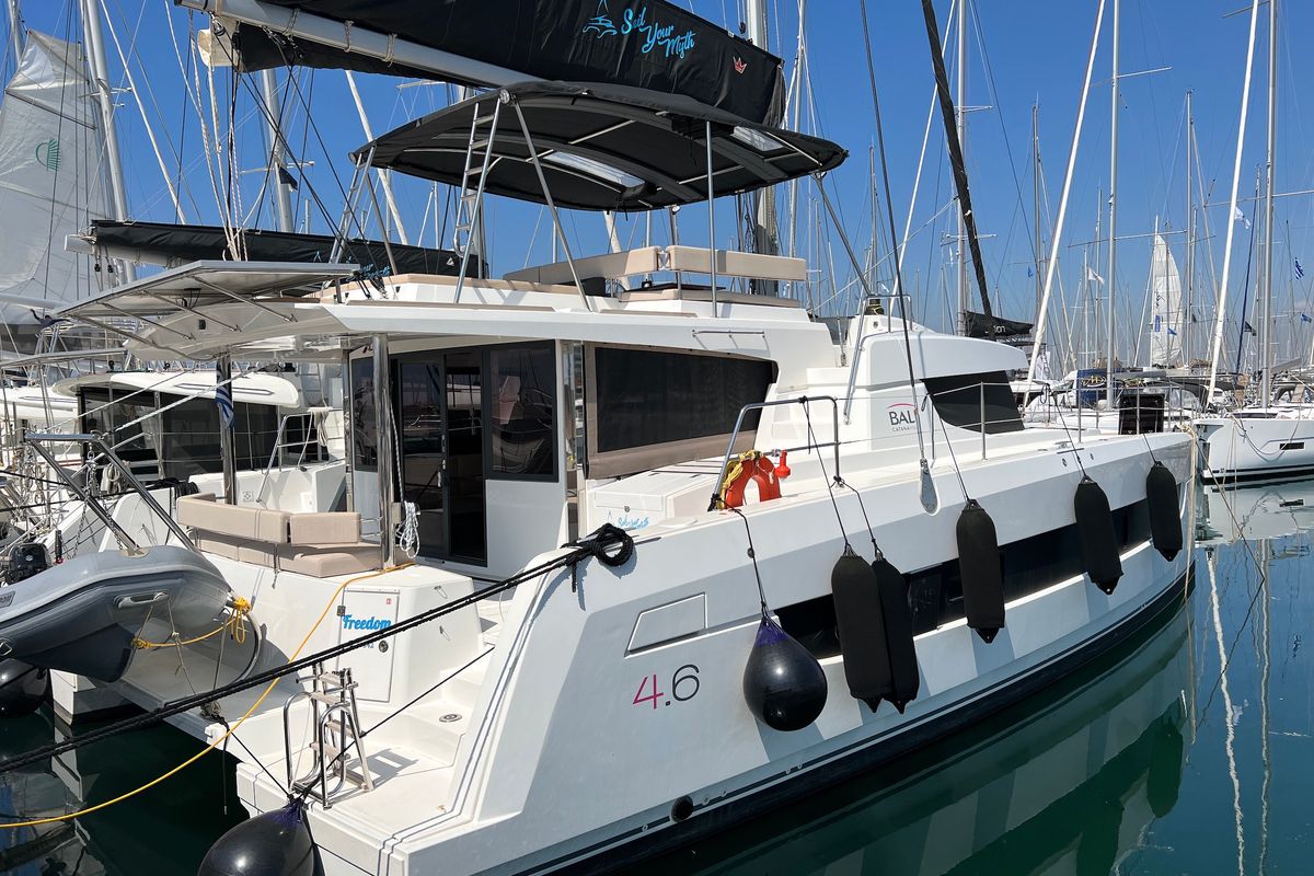 Exterior view of Freedom, a Bali 4.6 catamaran at Athens, Greece