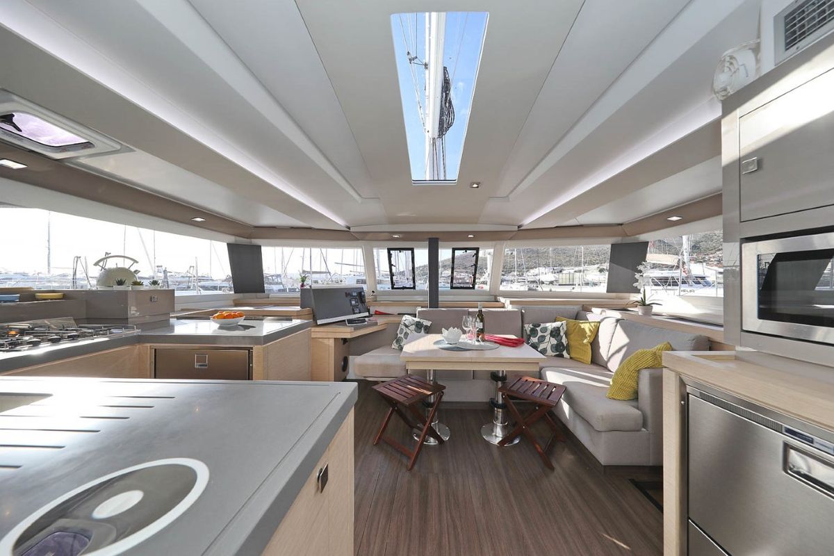 Salon of Ocean Runner, a Fountaine Pajot Astrea 42 catamaran at Općina Medulin, Croatia