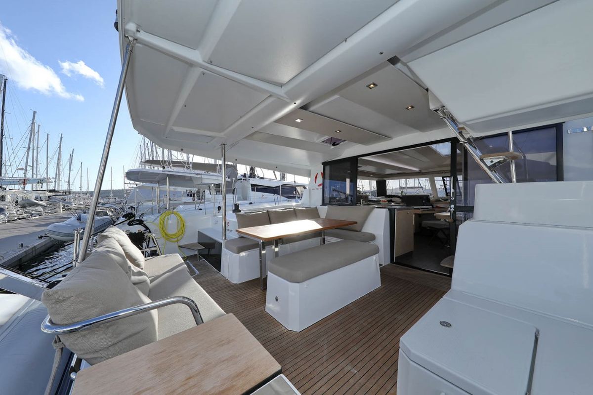 Deck of Ocean Runner, a Fountaine Pajot Astrea 42 catamaran at Općina Medulin, Croatia