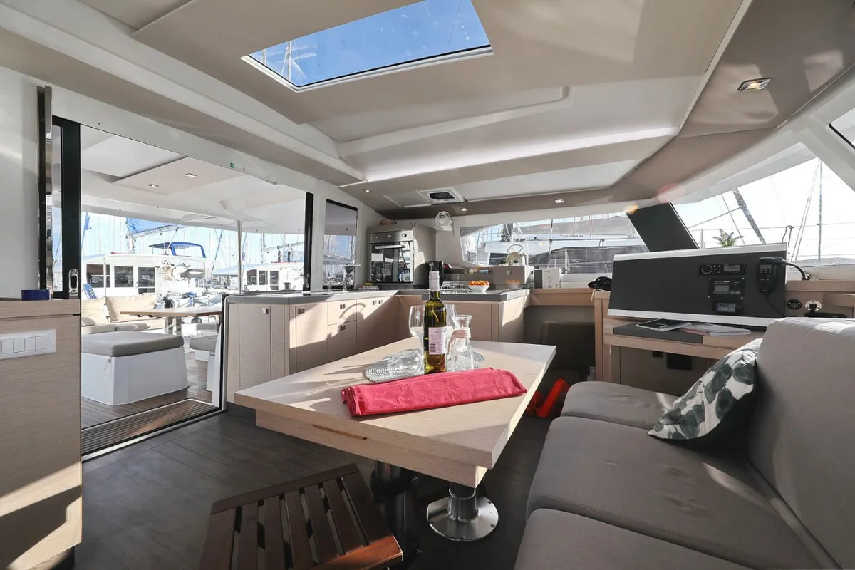 Salon of Ocean Runner, a Fountaine Pajot Astrea 42 catamaran at Općina Medulin, Croatia