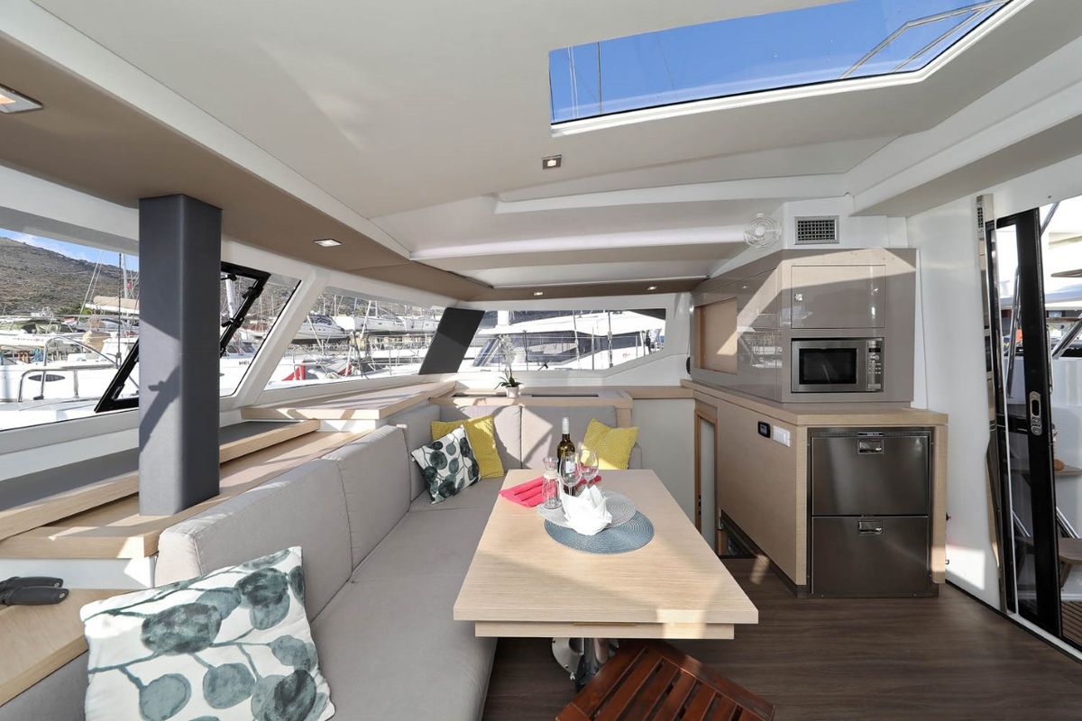 Salon of Ocean Runner, a Fountaine Pajot Astrea 42 catamaran at Općina Medulin, Croatia