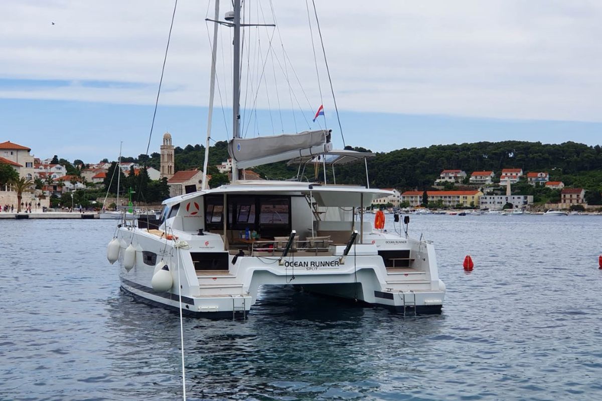 Exterior view of Ocean Runner, a Fountaine Pajot Astrea 42 catamaran at Općina Medulin, Croatia