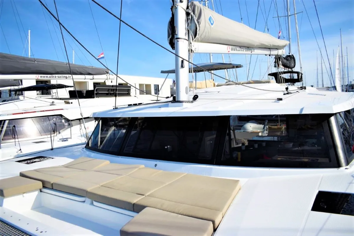 Deck of Ocean Runner, a Fountaine Pajot Astrea 42 catamaran at Općina Medulin, Croatia