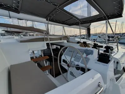 Cockpit of Ocean Runner, a Fountaine Pajot Astrea 42 catamaran at Općina Medulin, Croatia