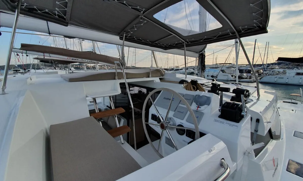 Cockpit of Ocean Runner, a Fountaine Pajot Astrea 42 catamaran at Općina Medulin, Croatia