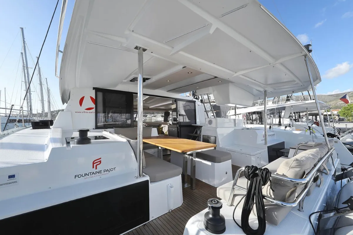 Deck of Ocean Runner, a Fountaine Pajot Astrea 42 catamaran at Općina Medulin, Croatia