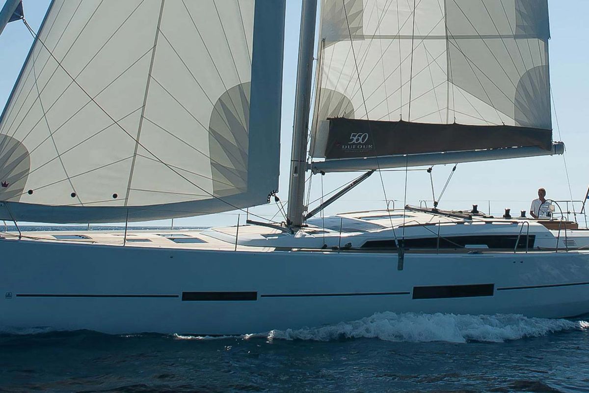 Exterior view of Skylark, a Dufour 560 Grand Large sailboat at Municipal Unit of Rhodes, Greece