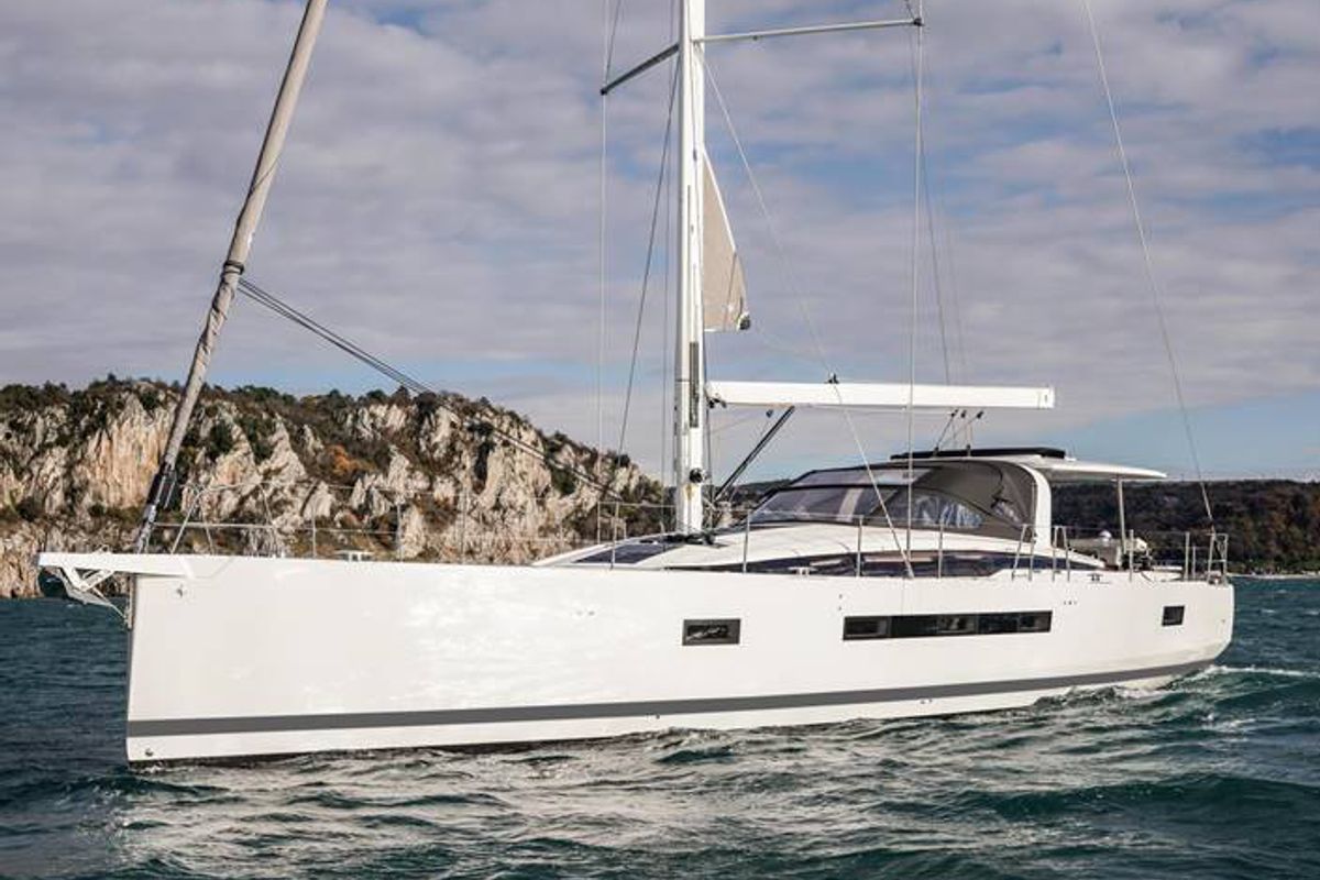 Exterior view of Uranos, a Jeanneau 65 sailboat at Lavreotiki Municipal Unit, Greece
