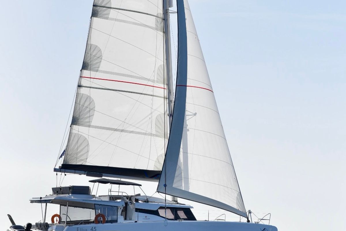 Exterior view of SEA ENERGY III, a Fountaine Pajot Elba 45 catamaran at Athens, Greece