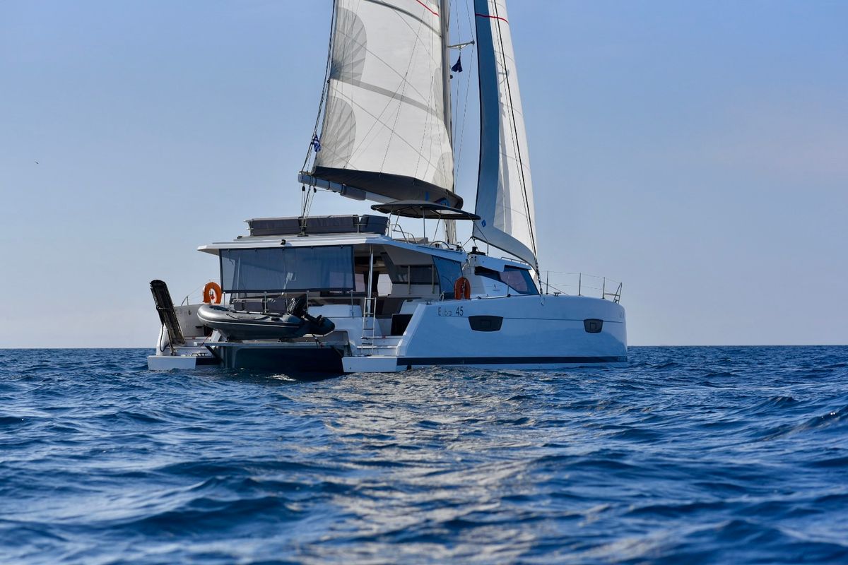 Exterior view of SEA ENERGY III, a Fountaine Pajot Elba 45 catamaran at Athens, Greece