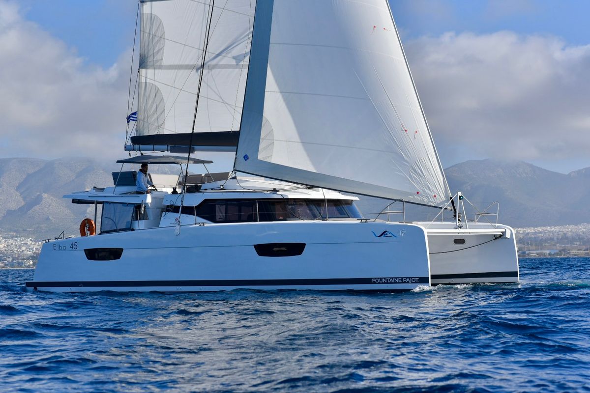 Exterior view of SEA ENERGY III, a Fountaine Pajot Elba 45 catamaran at Athens, Greece