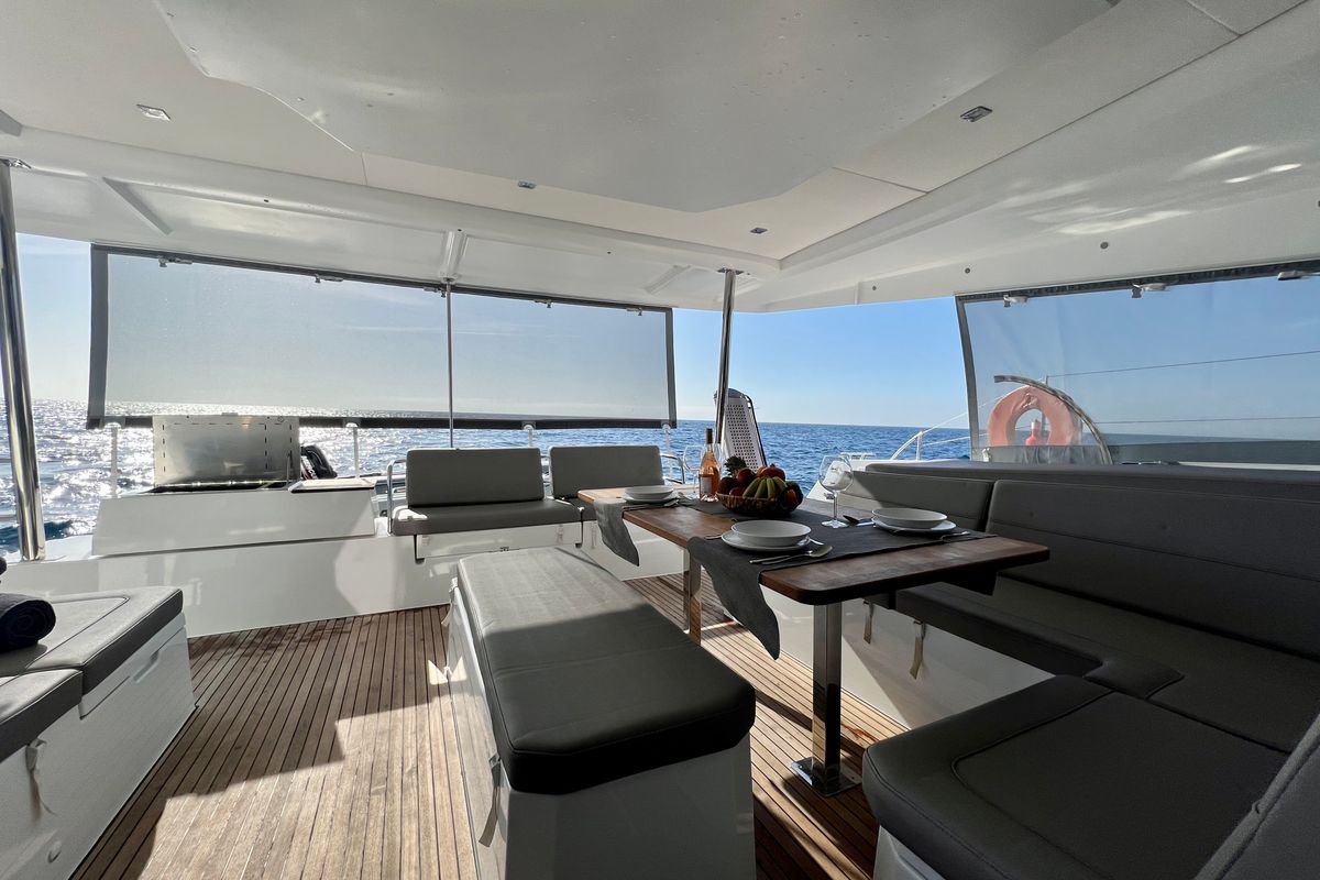Deck of SEA ENERGY III, a Fountaine Pajot Elba 45 catamaran at Athens, Greece