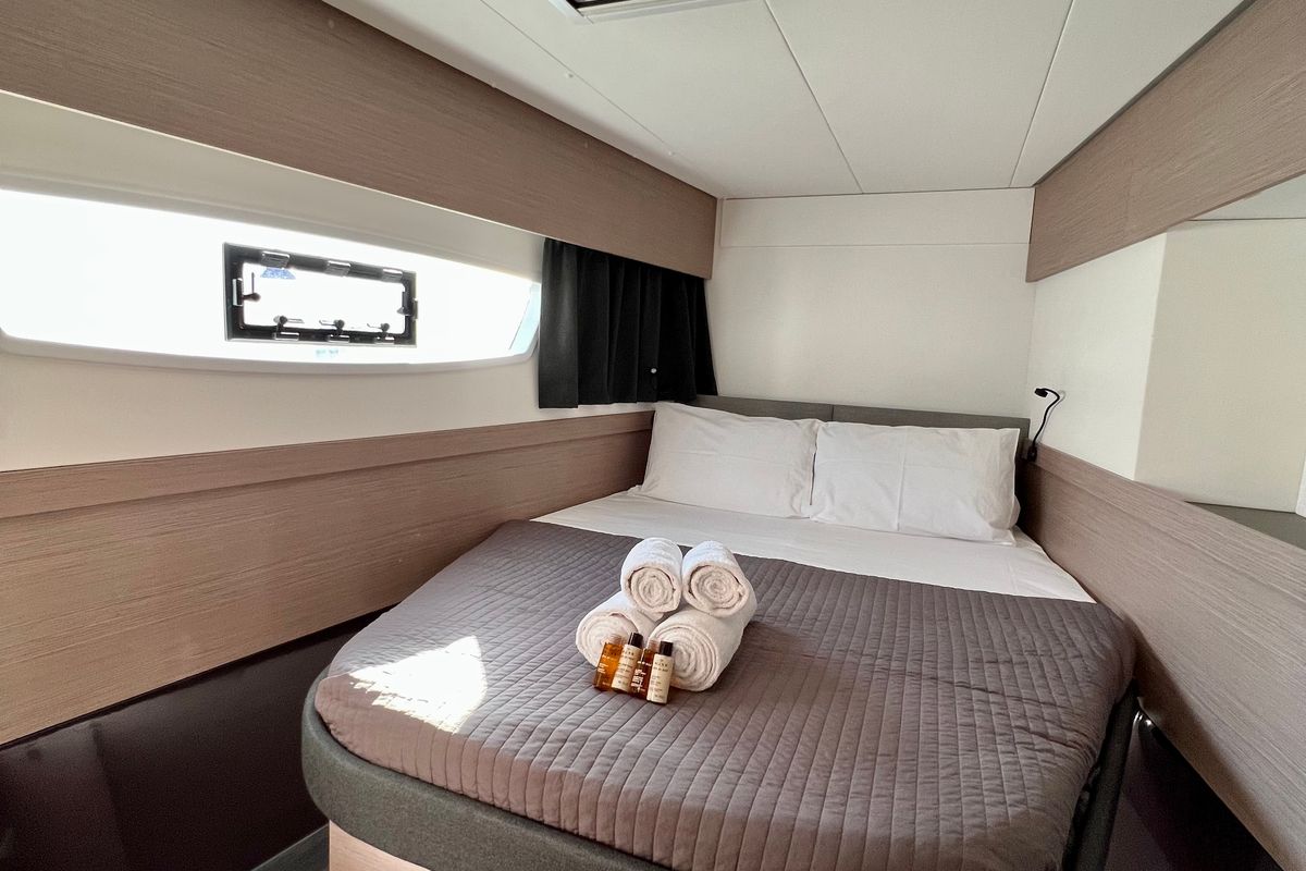 Cabin on SEA ENERGY III, a Fountaine Pajot Elba 45 catamaran at Athens, Greece