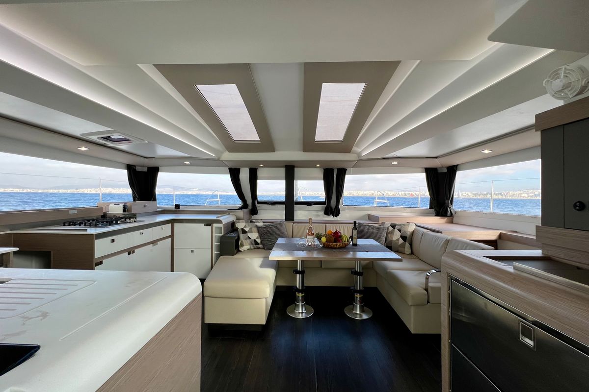Salon of SEA ENERGY III, a Fountaine Pajot Elba 45 catamaran at Athens, Greece
