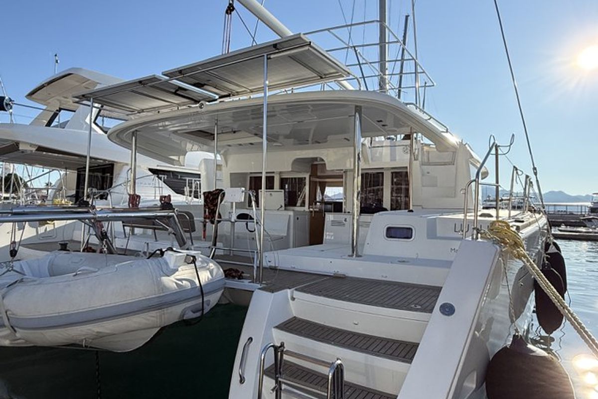 Exterior view of Lu Lu, a Lagoon 450 F catamaran at Marmaris, Turkey