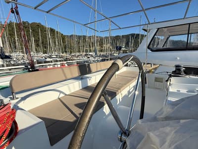 Cockpit of Lu Lu, a Lagoon 450 F catamaran at Marmaris, Turkey