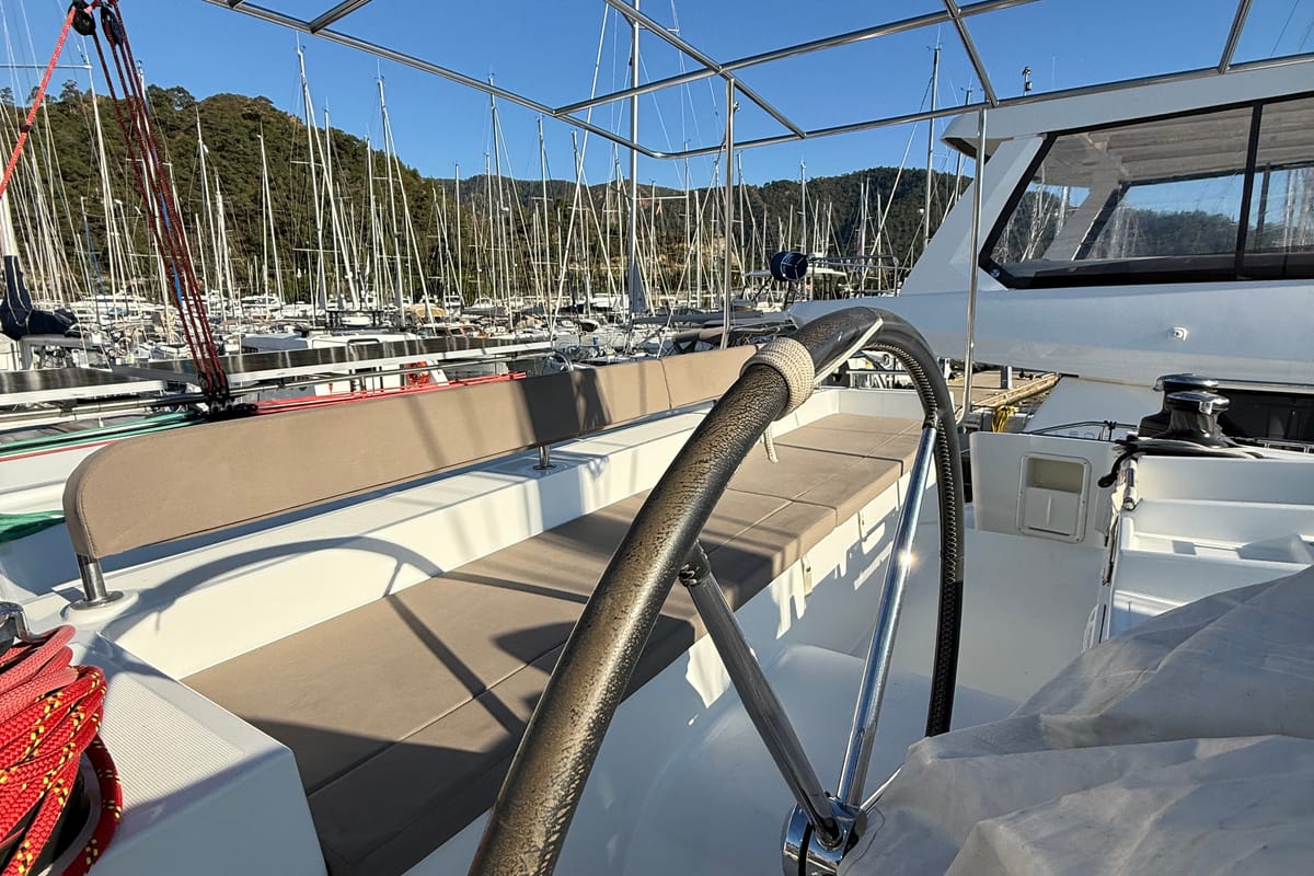 Cockpit of Lu Lu, a Lagoon 450 F catamaran at Marmaris, Turkey