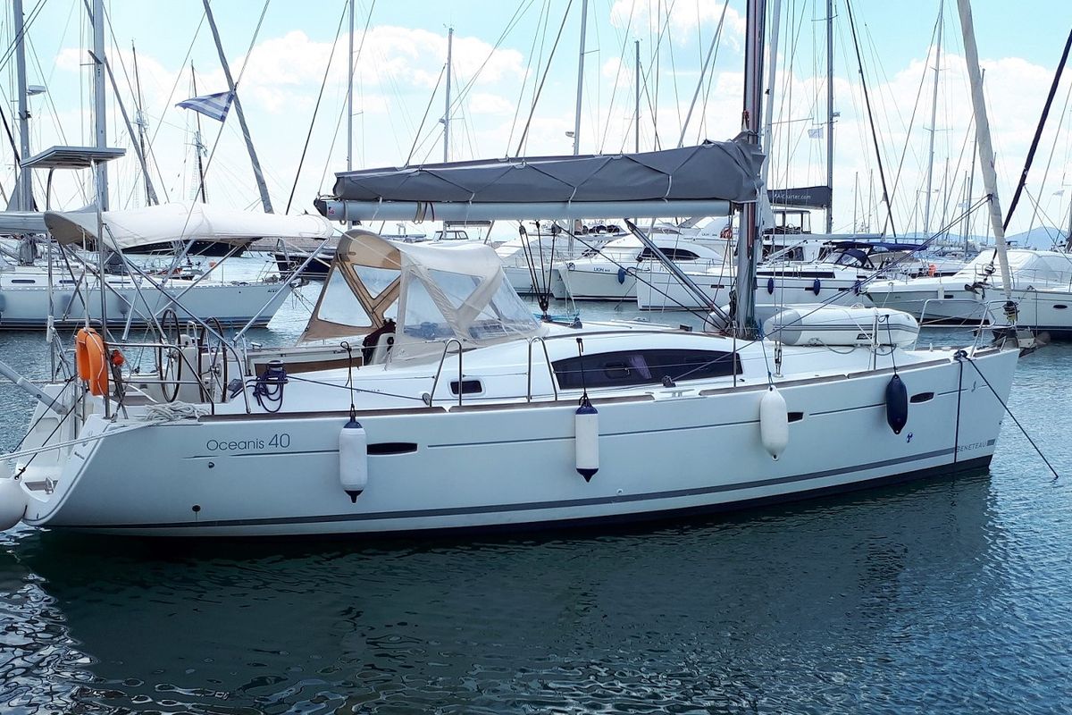 Exterior view of Tosca, a Beneteau Oceanis 40 sailboat at Municipal Unit of Elefsina, Greece