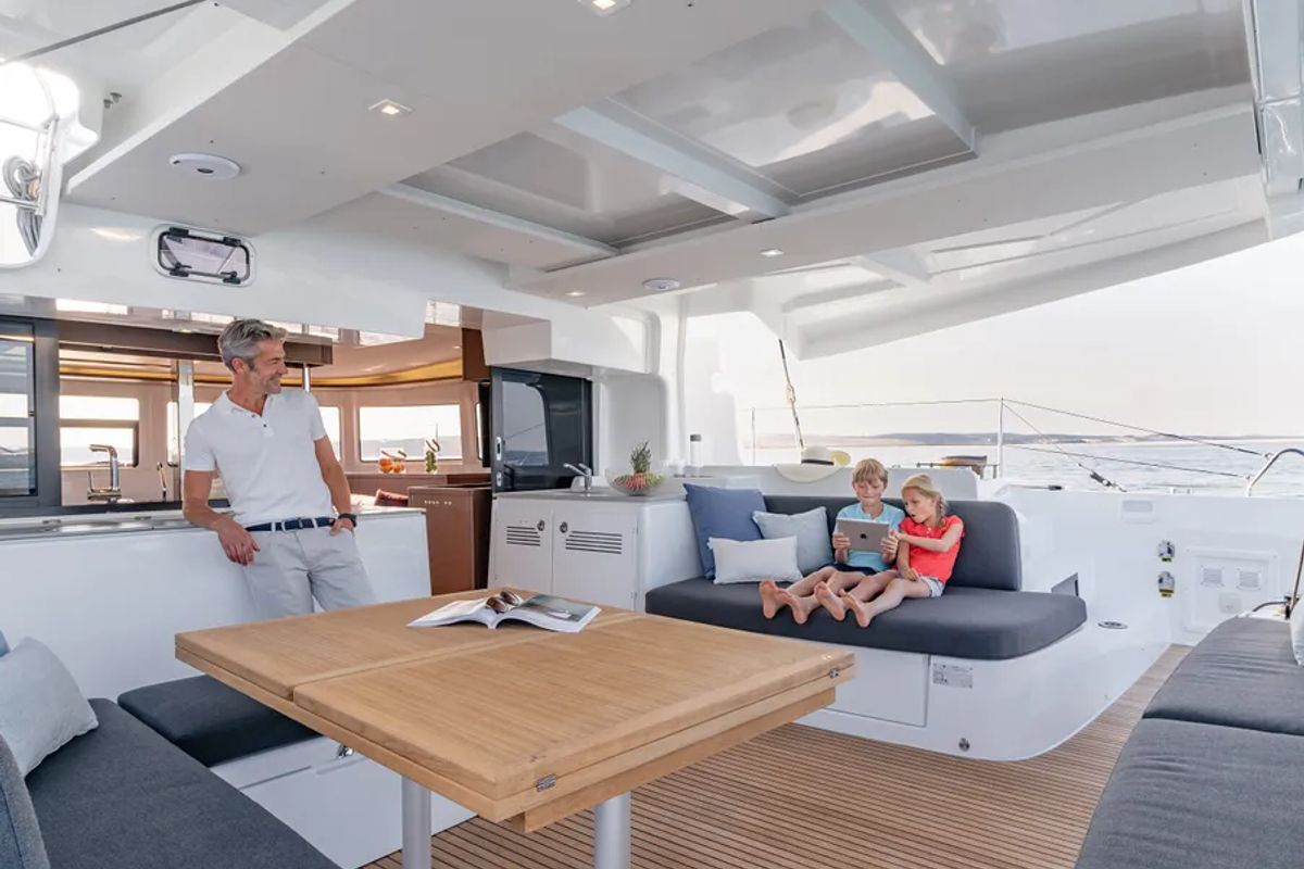 Deck of Theloulisa, a Lagoon 46 catamaran at Ajaccio, France