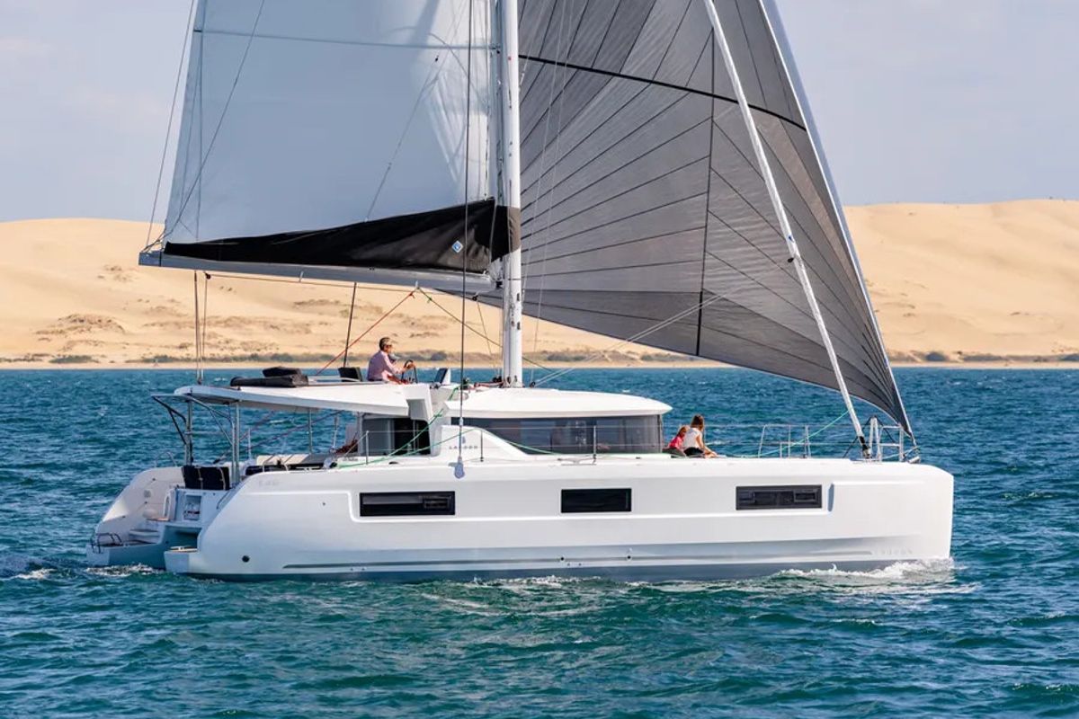 Exterior view of Theloulisa, a Lagoon 46 catamaran at Ajaccio, France