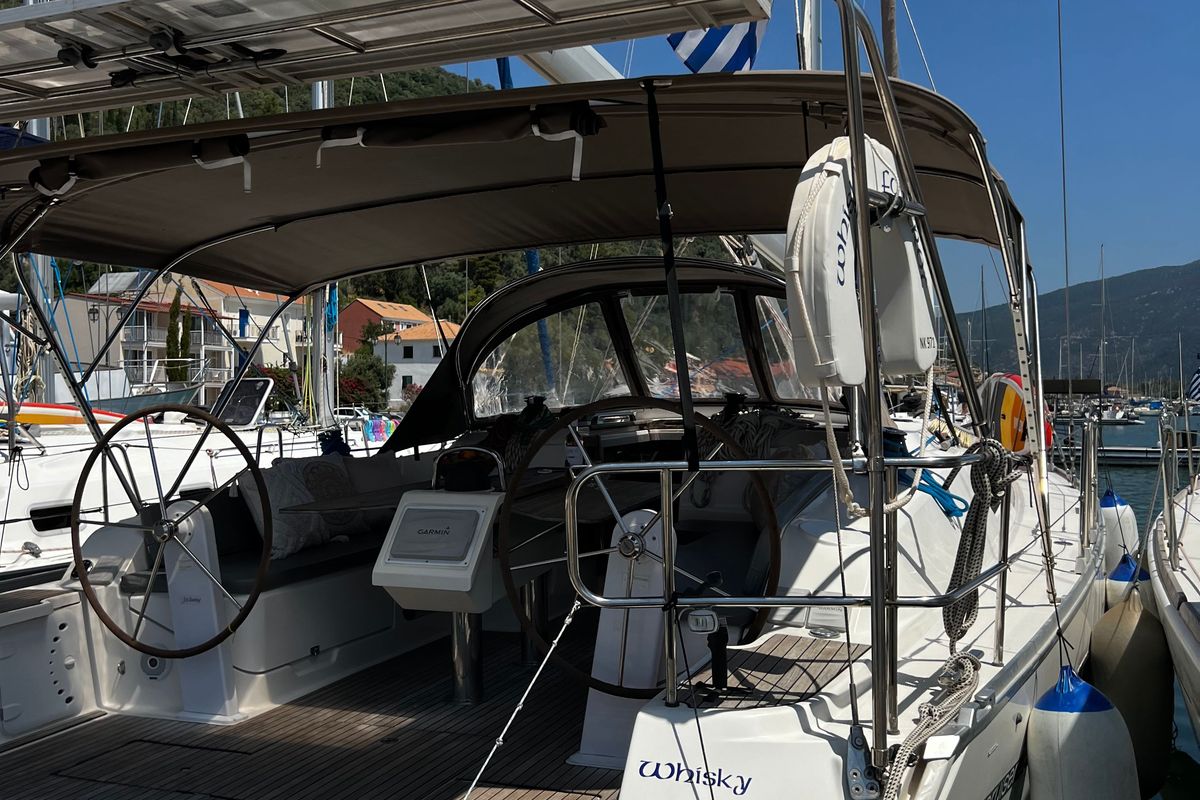 Exterior view of WHISKY FOXTROT, a Bavaria 46 Cruiser sailboat at Municipal Unit of Ellomenos, Greece