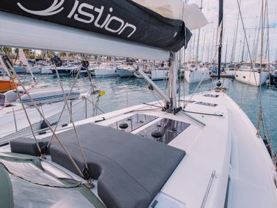 Deck of Ella, a Hanse Yachts Hanse 458 sailboat at Kos, Greece