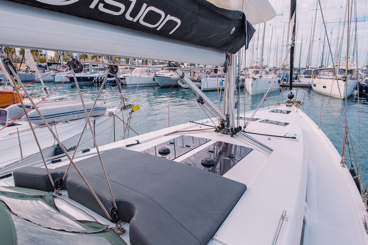 Deck of Ella, a Hanse Yachts Hanse 458 sailboat at Kos, Greece