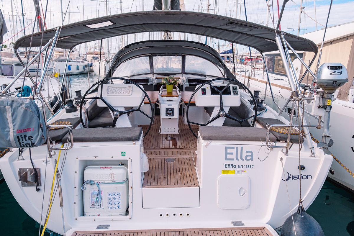 Cockpit of Ella, a Hanse Yachts Hanse 458 sailboat at Kos, Greece