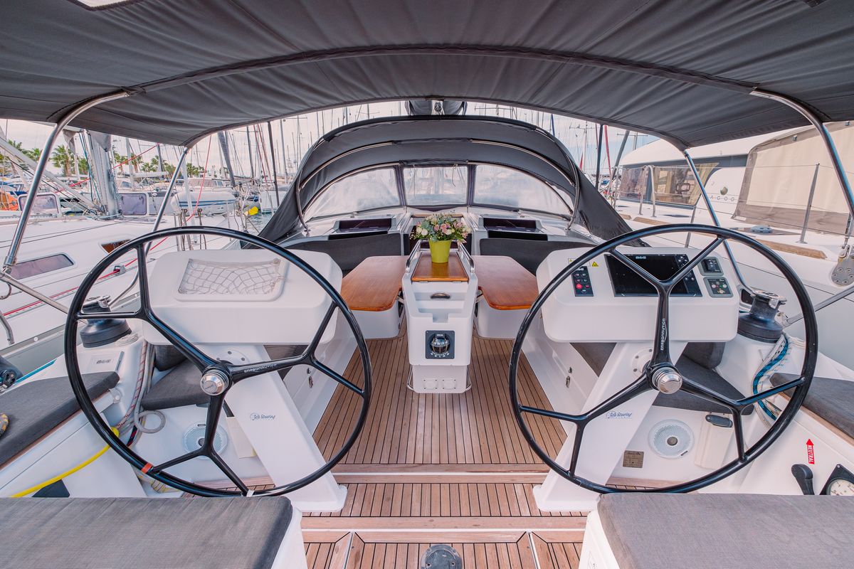 Cockpit of Ella, a Hanse Yachts Hanse 458 sailboat at Kos, Greece