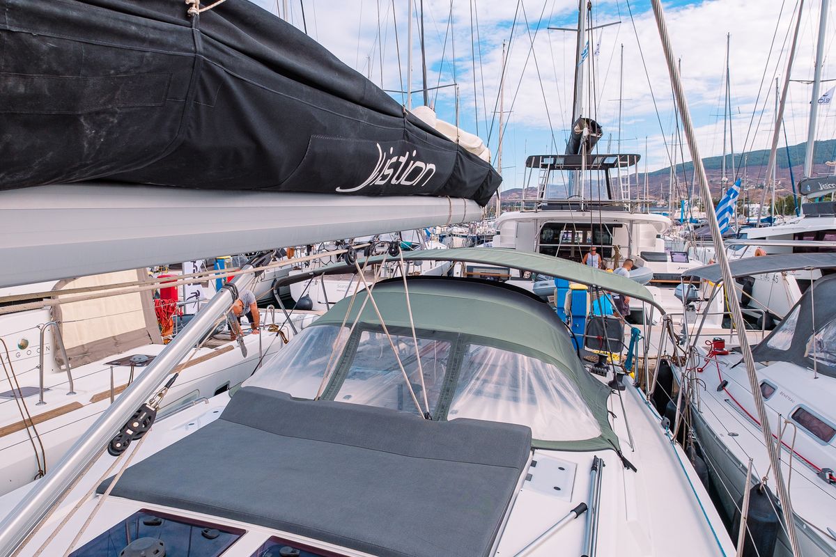 Deck of Ella, a Hanse Yachts Hanse 458 sailboat at Kos, Greece