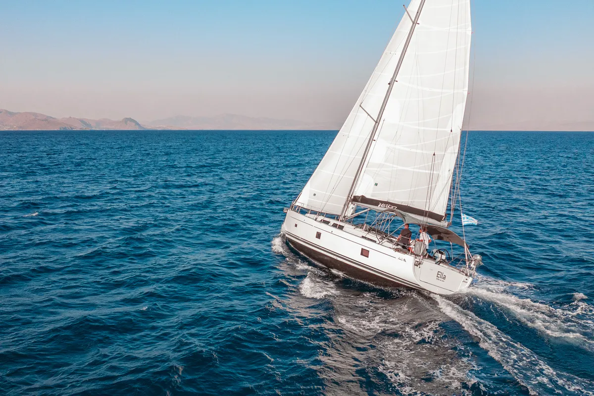 Exterior view of Ella, a Hanse Yachts Hanse 458 sailboat at Kos, Greece