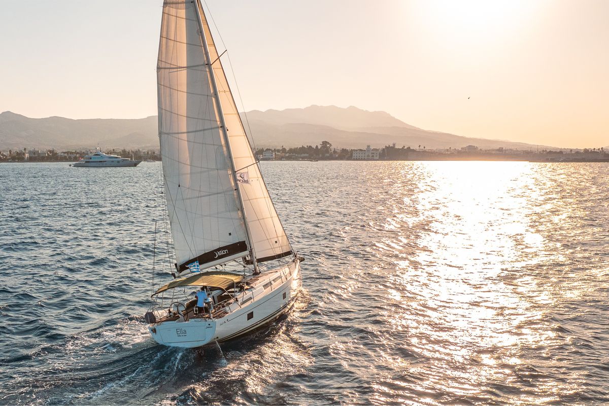 Exterior view of Ella, a Hanse Yachts Hanse 458 sailboat at Kos, Greece