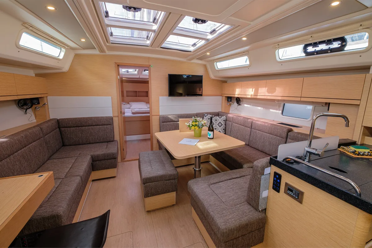 Salon of Ella, a Hanse Yachts Hanse 458 sailboat at Kos, Greece
