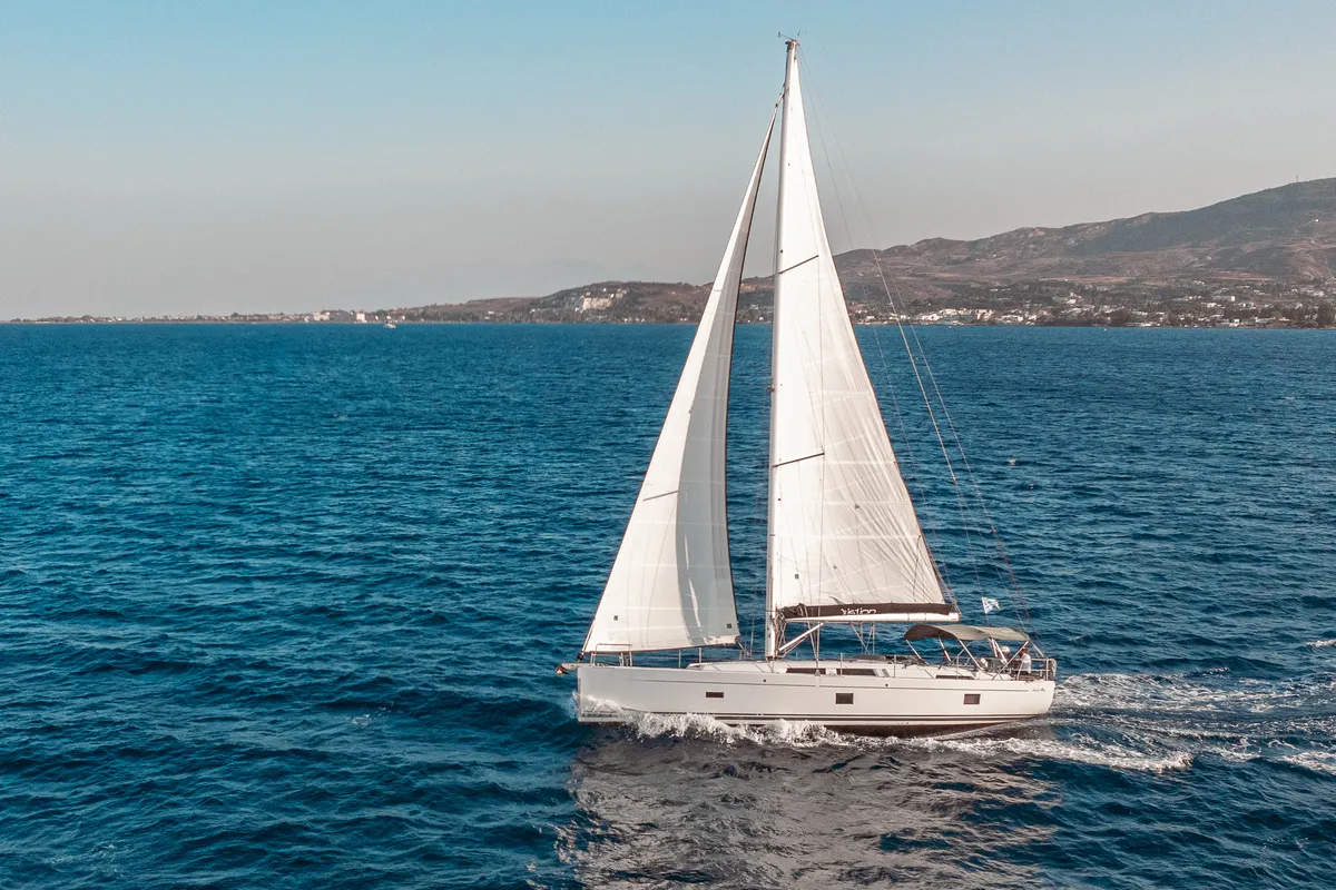 Exterior view of Ella, a Hanse Yachts Hanse 458 sailboat at Kos, Greece