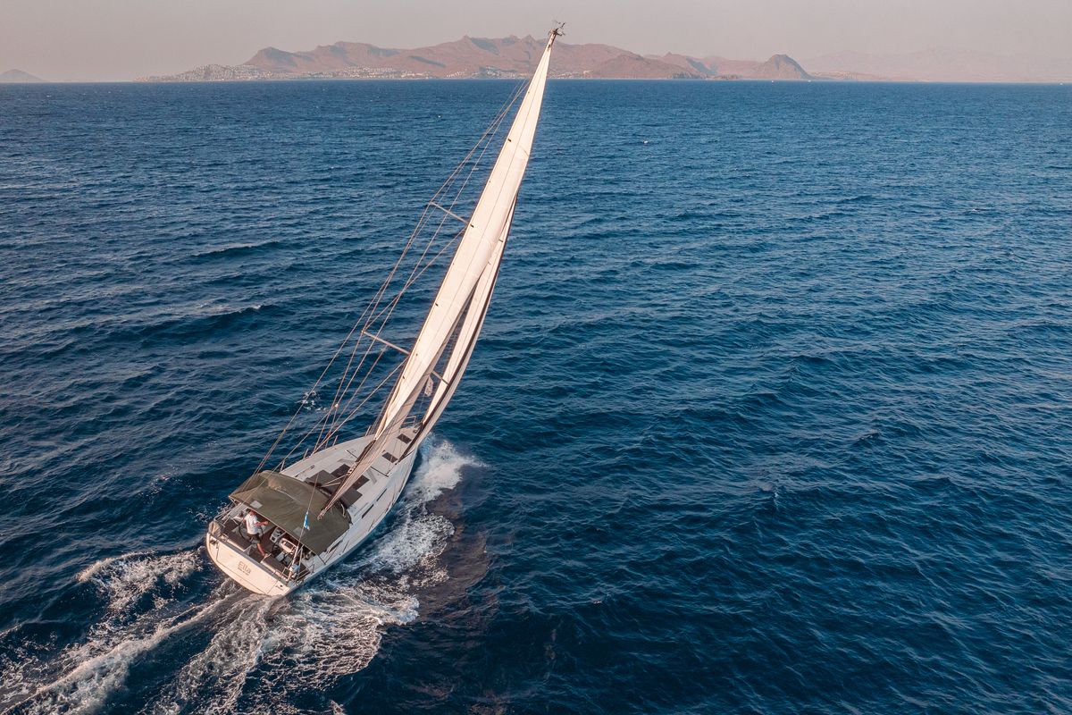 Exterior view of Ella, a Hanse Yachts Hanse 458 sailboat at Kos, Greece