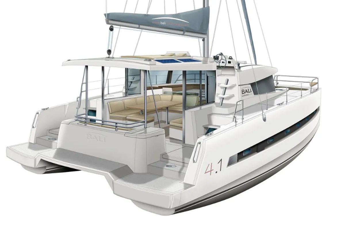 Exterior view of BAL4.1-20-C, a Bali 4.1 catamaran at Municipal Unit of Lefkada, Greece