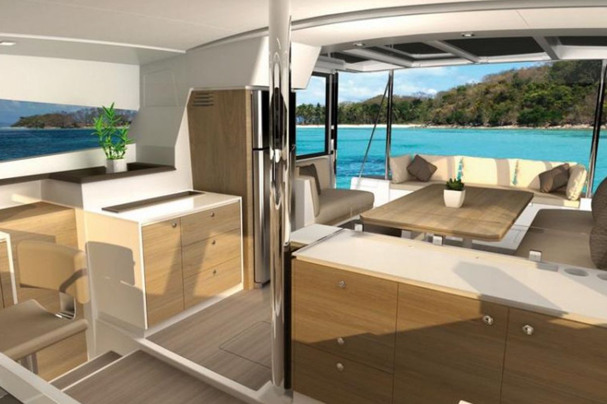 Galley of BAL4.1-20-C, a Bali 4.1 catamaran at Municipal Unit of Lefkada, Greece