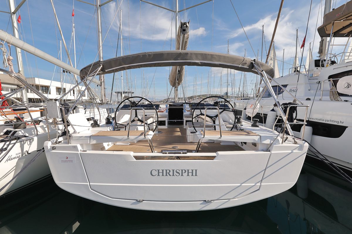 Exterior view of Chrisphi, a Hanse Yachts Hanse 460 sailboat at Seget Donji, Croatia