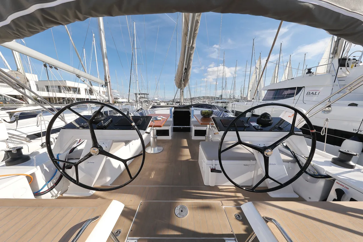 Cockpit of Chrisphi, a Hanse Yachts Hanse 460 sailboat at Seget Donji, Croatia
