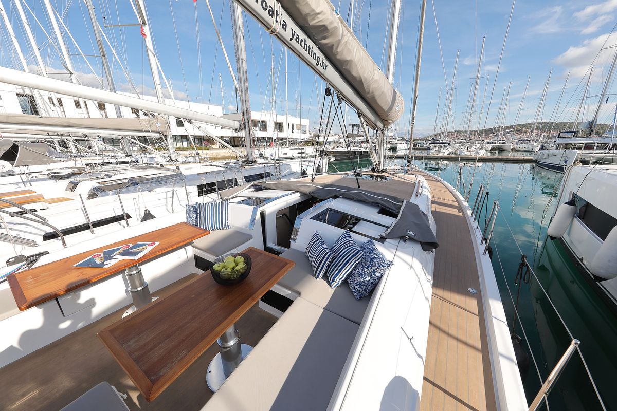 Deck of Chrisphi, a Hanse Yachts Hanse 460 sailboat at Seget Donji, Croatia