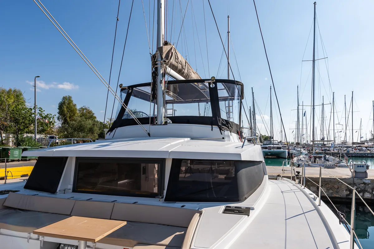 Exterior view of Alba, a Bali 4.3 catamaran at Municipal Unit of Lefkada, Greece
