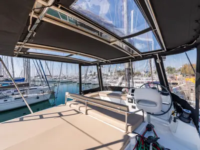 Cockpit of Alba, a Bali 4.3 catamaran at Municipal Unit of Lefkada, Greece