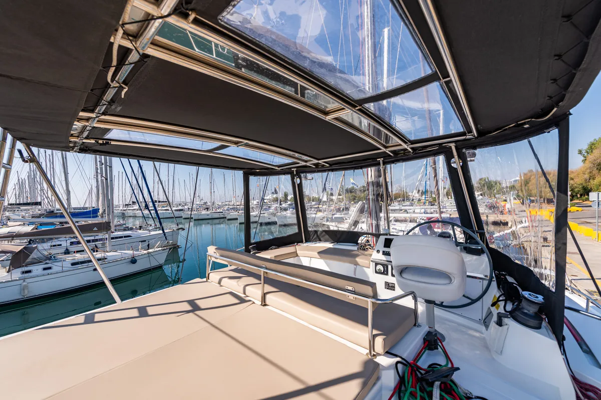 Cockpit of Alba, a Bali 4.3 catamaran at Municipal Unit of Lefkada, Greece