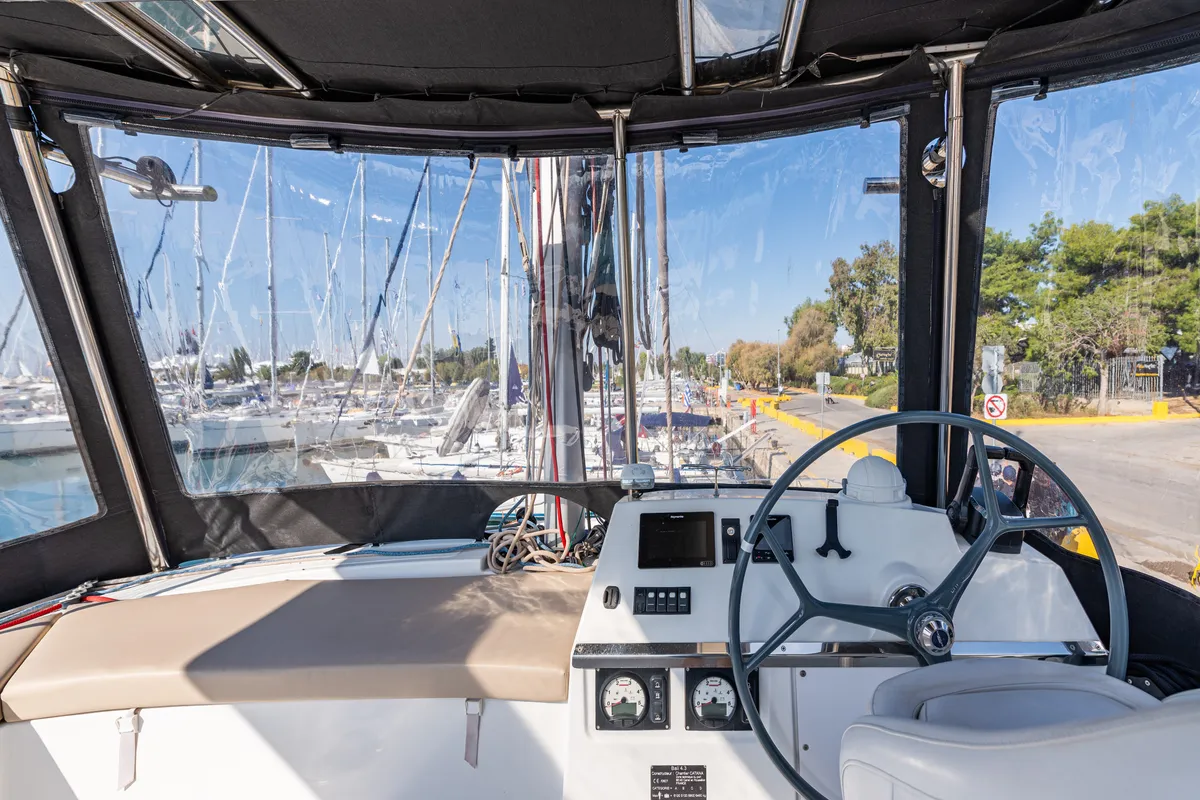 Cockpit of Alba, a Bali 4.3 catamaran at Municipal Unit of Lefkada, Greece