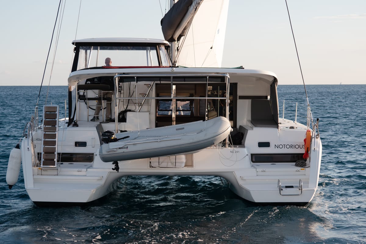 Exterior view of Notorious, a Lagoon 42 catamaran at Athens, Greece